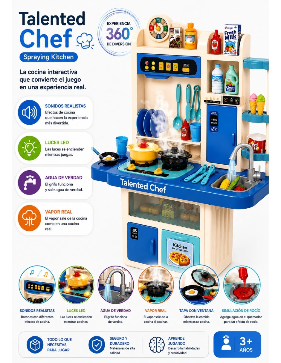 PINGÜE® Role Play Cocina Infantil Mini Chef 74 Piezas con Luz, Sonido y Vapor