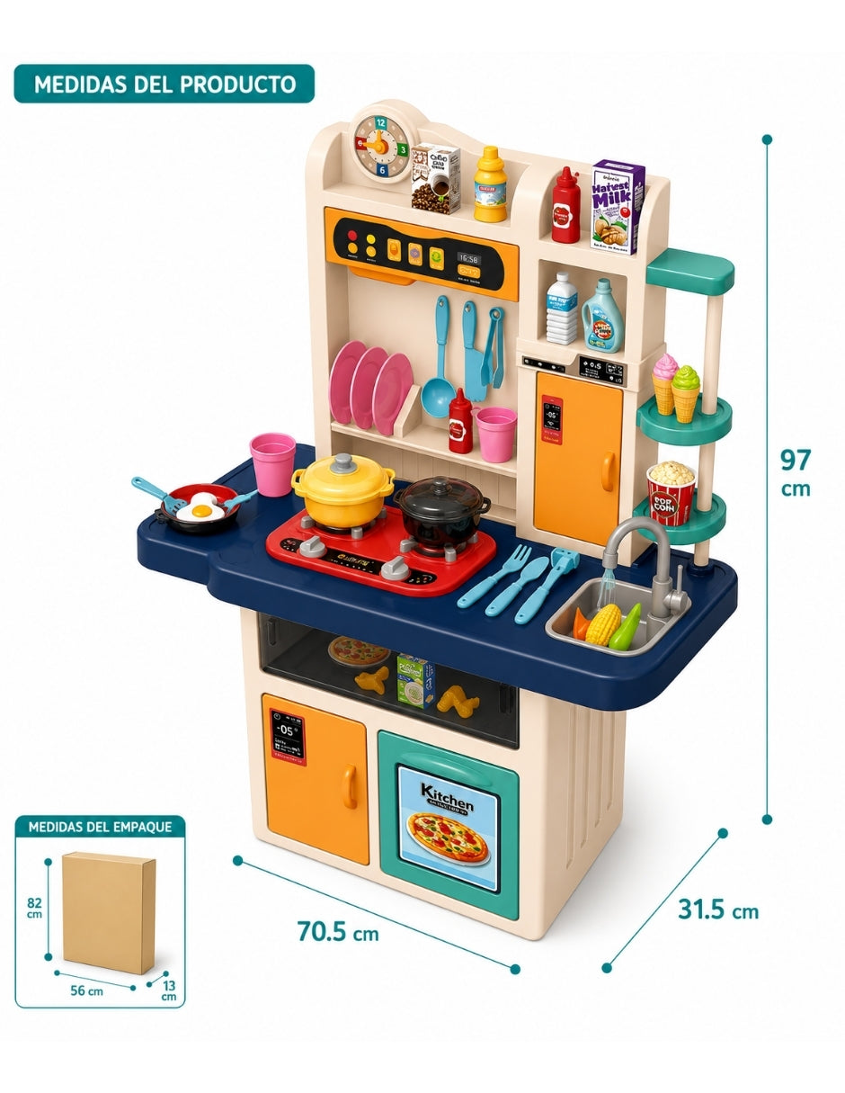 PINGÜE® Role Play Cocina Infantil Mini Chef 74 Piezas con Luz, Sonido y Vapor
