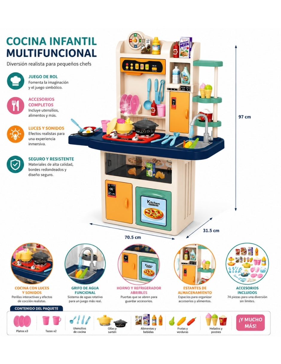PINGÜE® Role Play Cocina Infantil Mini Chef 74 Piezas con Luz, Sonido y Vapor