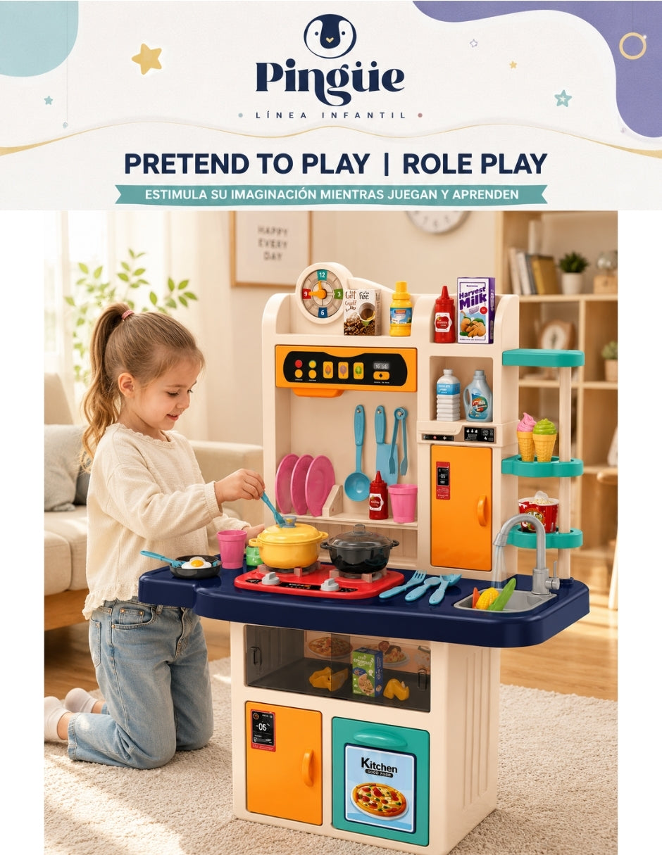 PINGÜE® Role Play Cocina Infantil Mini Chef 74 Piezas con Luz, Sonido y Vapor