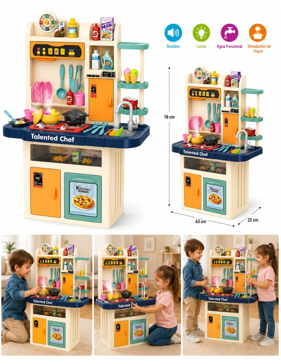 PINGÜE® Role Play Cocina Infantil Mini Chef 74 Piezas con Luz, Sonido y Vapor