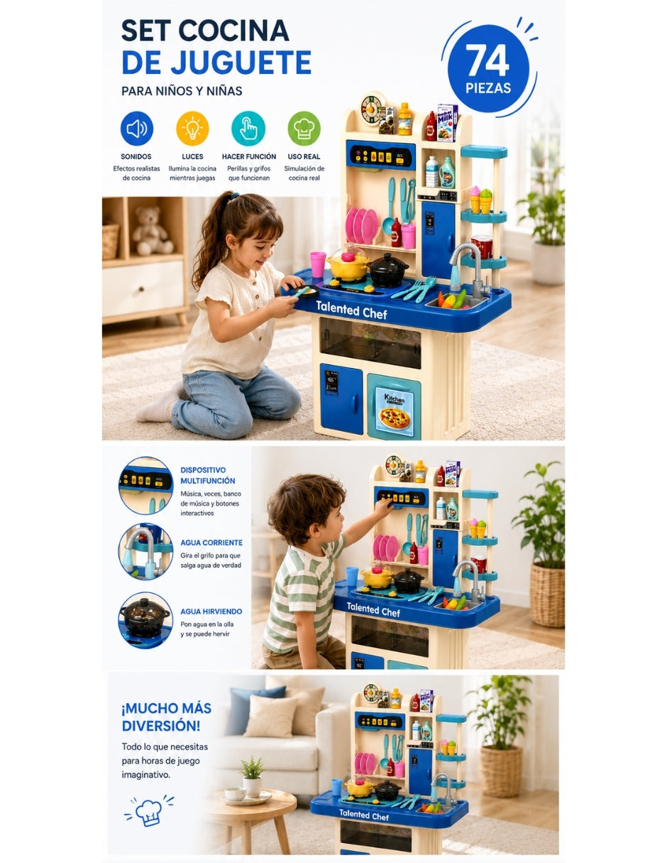 PINGÜE® Role Play Cocina Infantil Mini Chef 74 Piezas con Luz, Sonido y Vapor