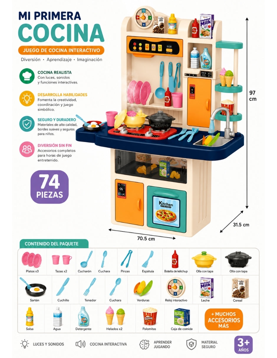 PINGÜE® Role Play Cocina Infantil Mini Chef 74 Piezas con Luz, Sonido y Vapor