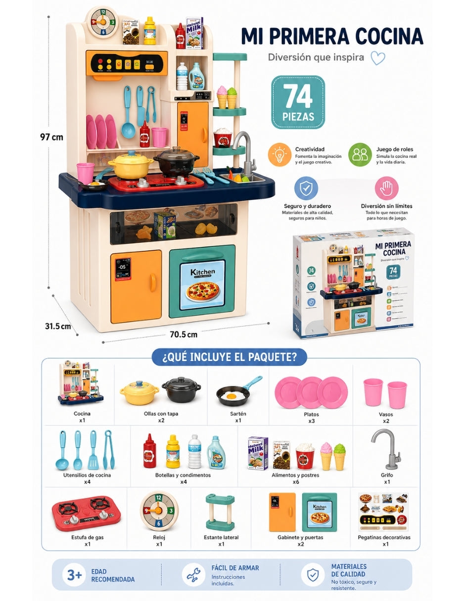 PINGÜE® Role Play Cocina Infantil Mini Chef 74 Piezas con Luz, Sonido y Vapor
