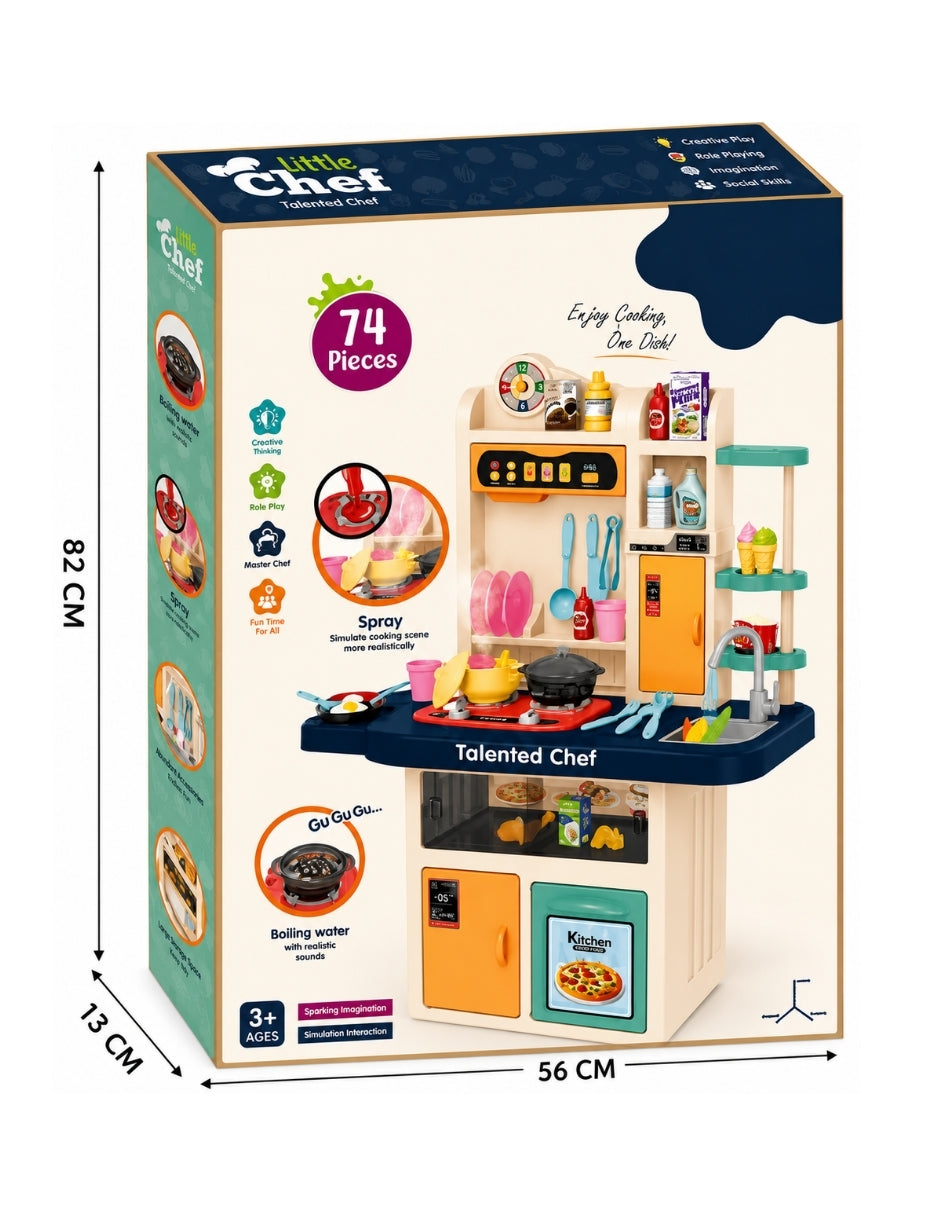 PINGÜE® Role Play Cocina Infantil Mini Chef 74 Piezas con Luz, Sonido y Vapor