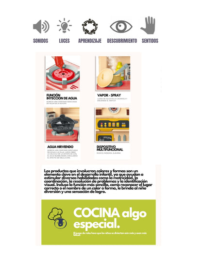 PINGÜE® Role Play | Set a Escala Cocina de Juguete, 85 Piezas con Luces y Sonido, Funciones Reales: Hervir Agua, Vapor y Grifo Funcional, Tamaño 66x24x83 cm, Edad 3+. Juguetes Niñas