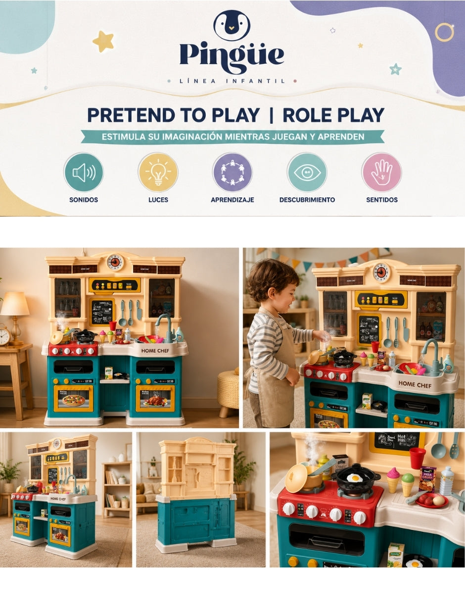 PINGÜE® Role Play Cocina Infantil Mini Chef +85 Piezas Azul Menta con Luces y Sonidos