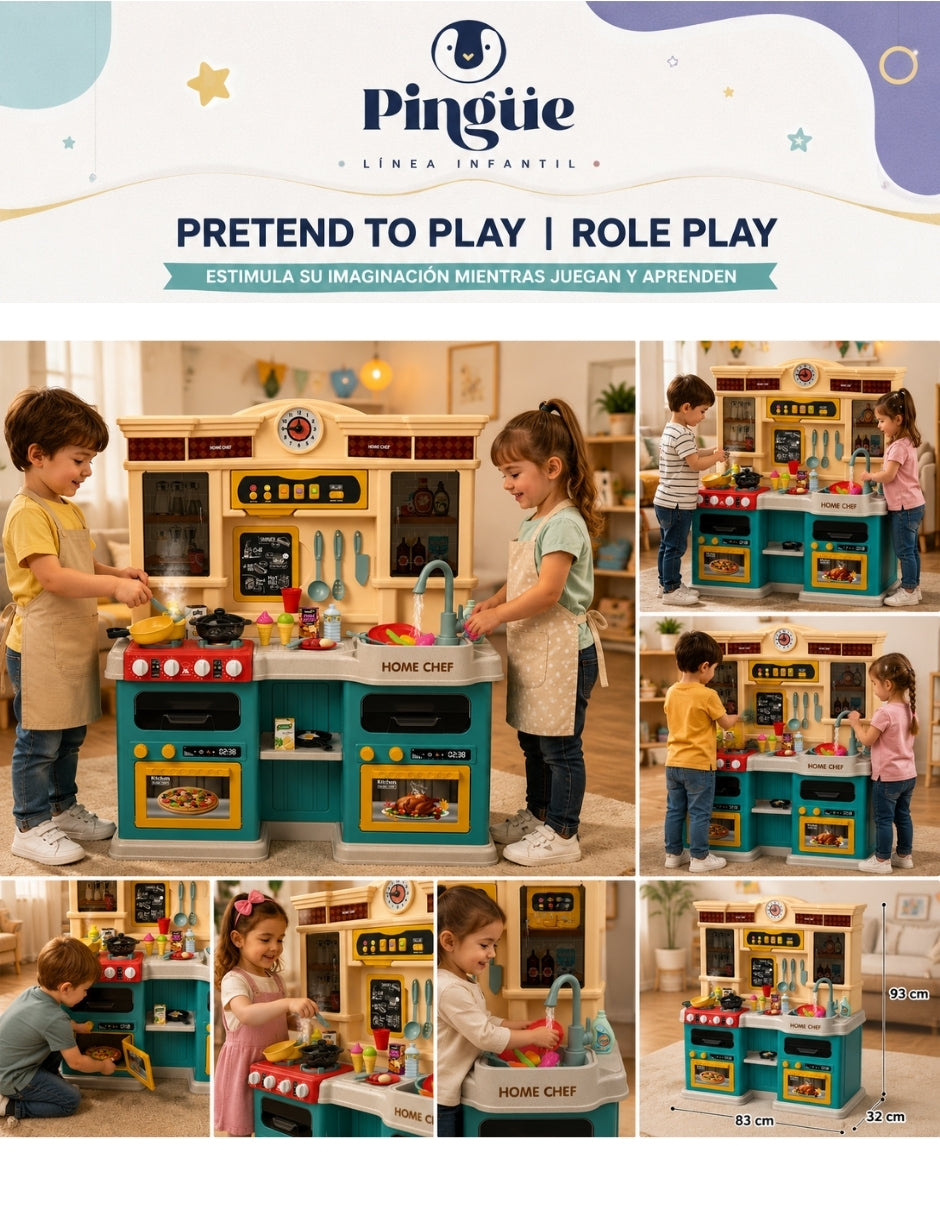 PINGÜE® Role Play Cocina Infantil Mini Chef +85 Piezas Azul Menta con Luces y Sonidos