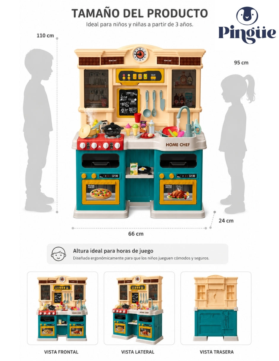 PINGÜE® Role Play Cocina Infantil Mini Chef +85 Piezas Azul Menta con Luces y Sonidos