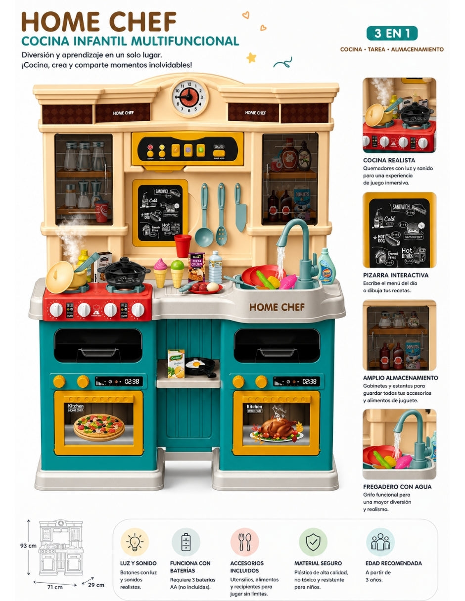 PINGÜE® Role Play Cocina Infantil Mini Chef +85 Piezas Azul Menta con Luces y Sonidos