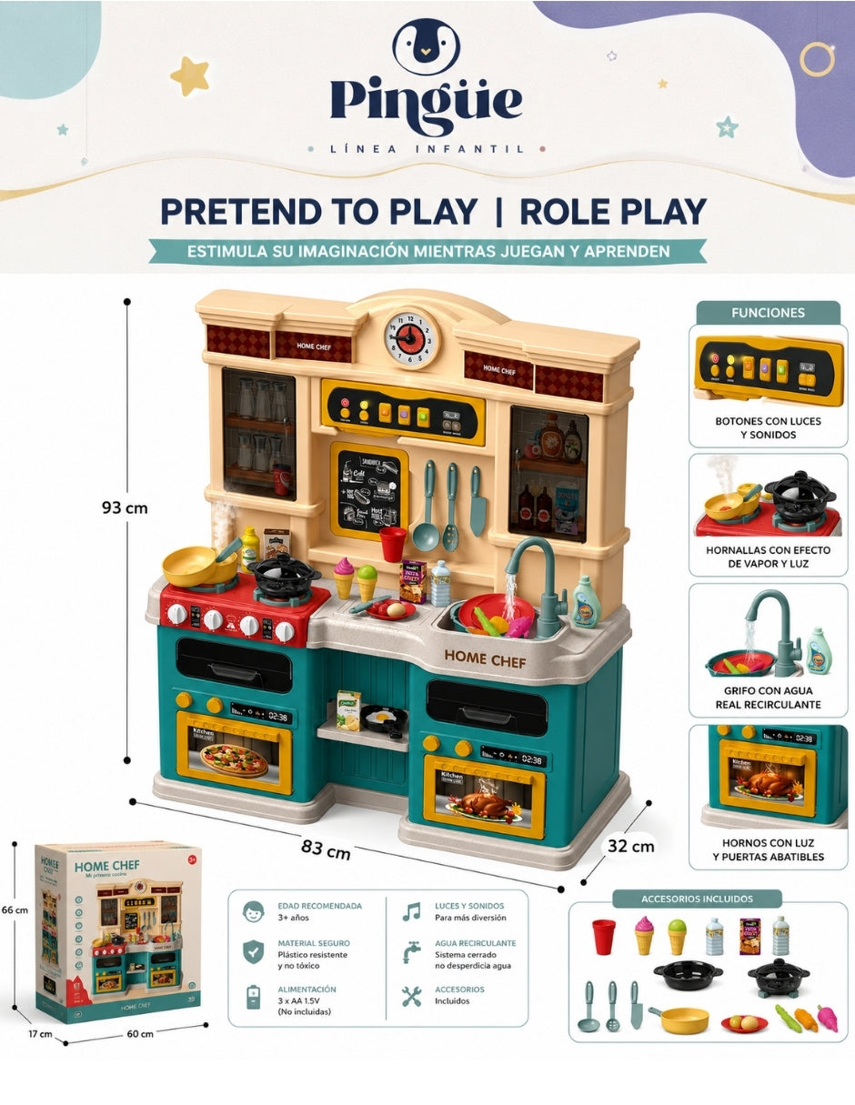 PINGÜE® Role Play Cocina Infantil Mini Chef +85 Piezas Azul Menta con Luces y Sonidos