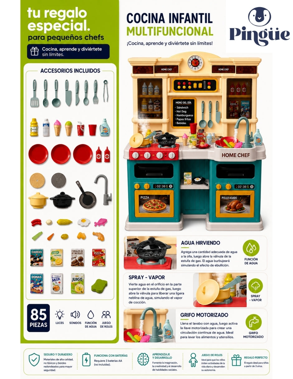 PINGÜE® Role Play Cocina Infantil Mini Chef +85 Piezas Azul Menta con Luces y Sonidos