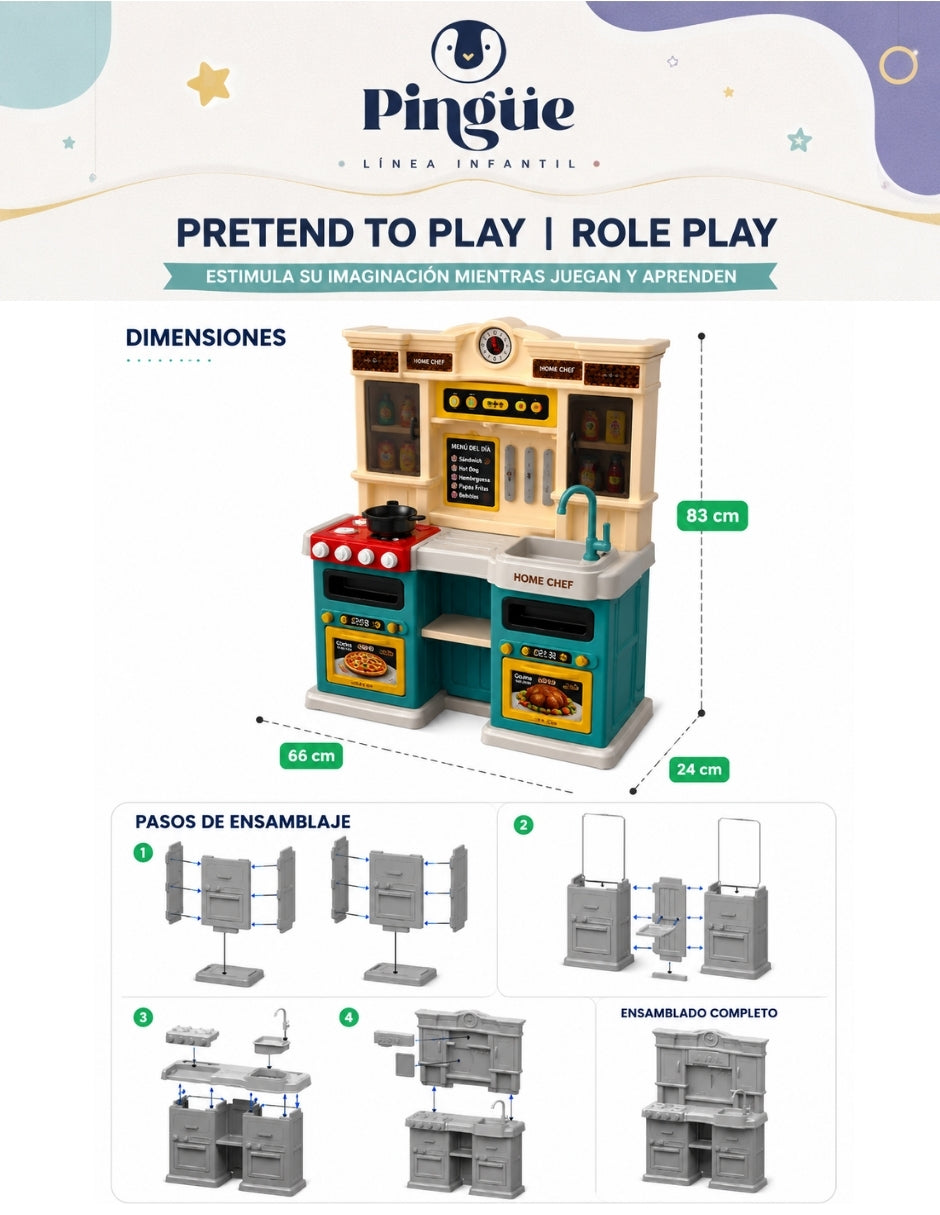 PINGÜE® Role Play Cocina Infantil Mini Chef +85 Piezas Azul Menta con Luces y Sonidos