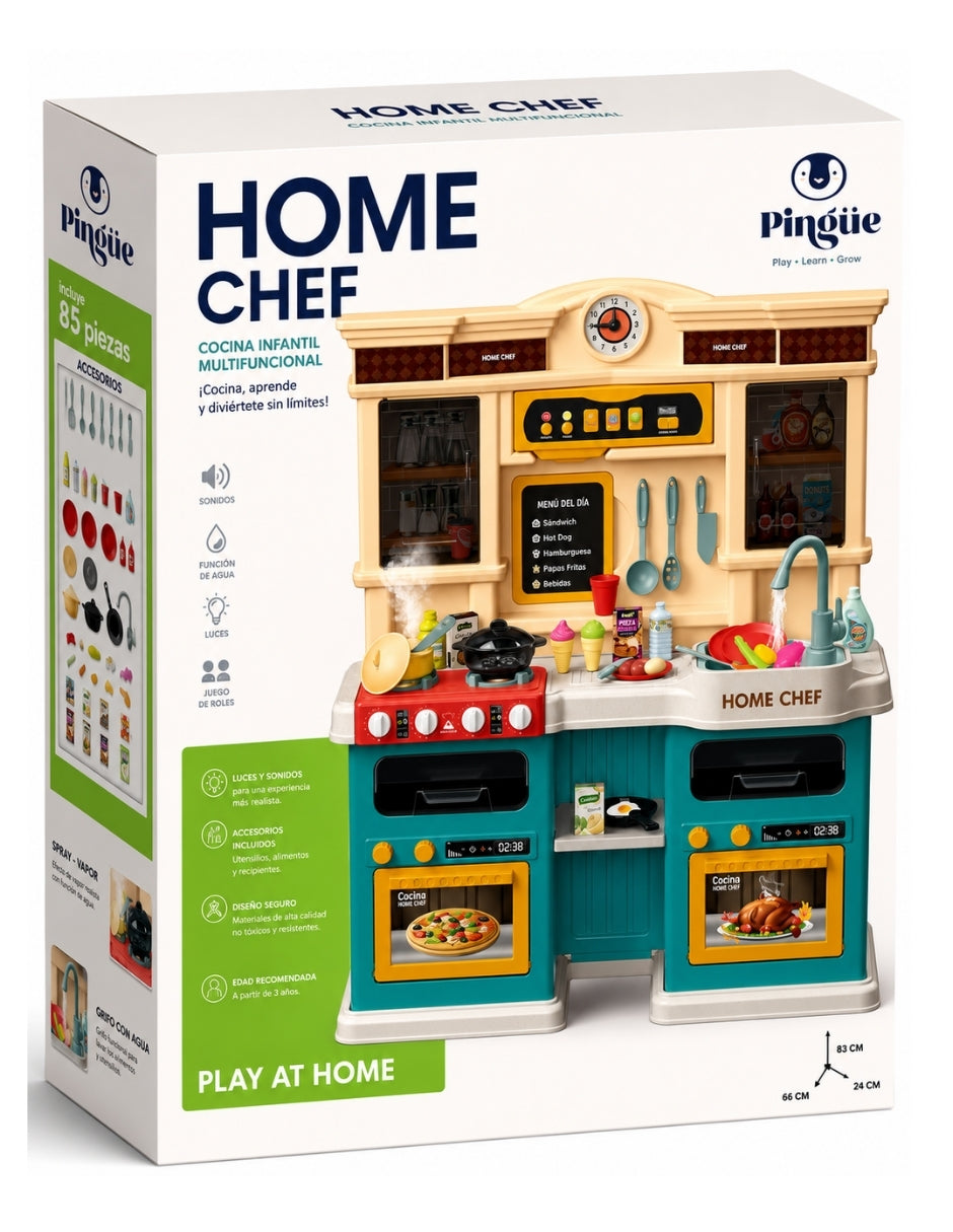 PINGÜE® Role Play Cocina Infantil Mini Chef +85 Piezas Azul Menta con Luces y Sonidos