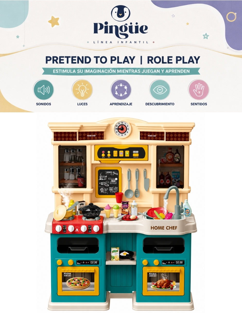 PINGÜE® Role Play Cocina Infantil Mini Chef +85 Piezas Azul Menta con Luces y Sonidos