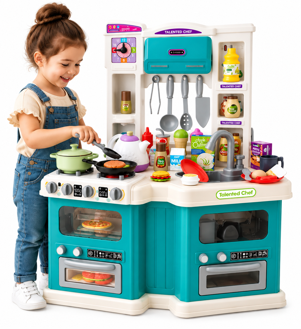PINGÜE® Role Play Cocina Infantil Mini Chef +98 Piezas Azul Menta con Luces y Sonidos