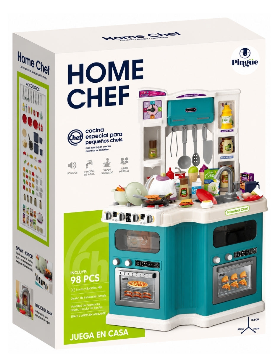 PINGÜE® Role Play Cocina Infantil Mini Chef +98 Piezas Azul Menta con Luces y Sonidos