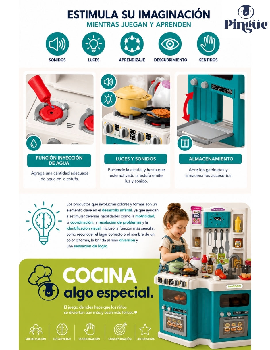 PINGÜE® Role Play Cocina Infantil Mini Chef +98 Piezas Azul Menta con Luces y Sonidos