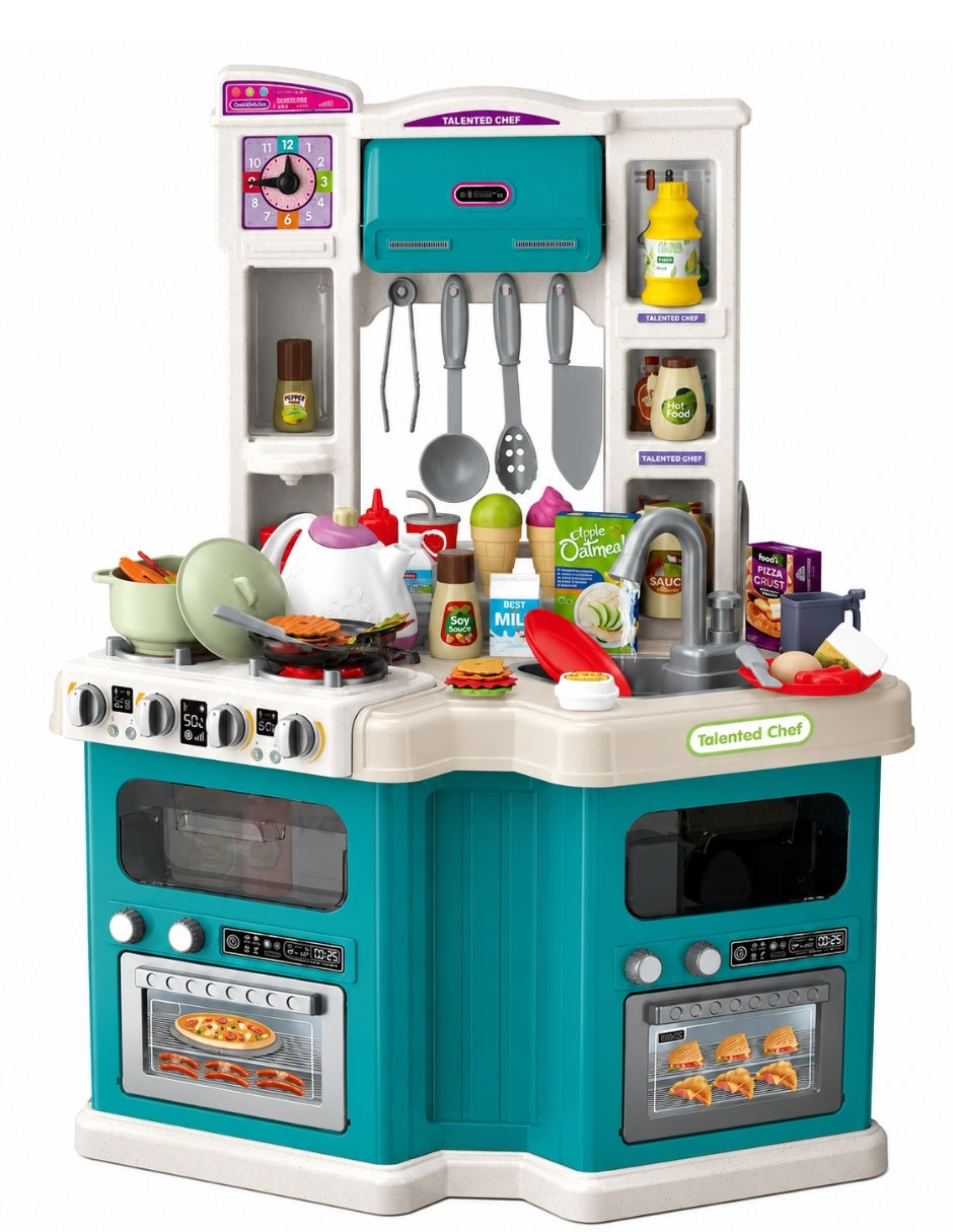 PINGÜE® Role Play Cocina Infantil Mini Chef +98 Piezas Azul Menta con Luces y Sonidos