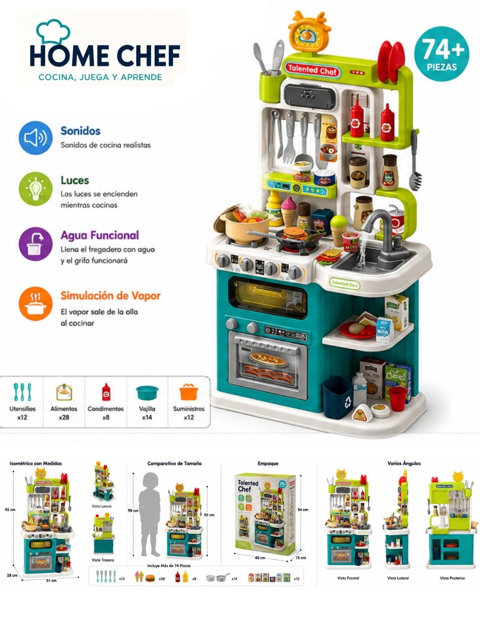 PINGÜE® Role Play Cocina Infantil Mini Chef +98 Piezas Azul Menta con Luces y Sonidos