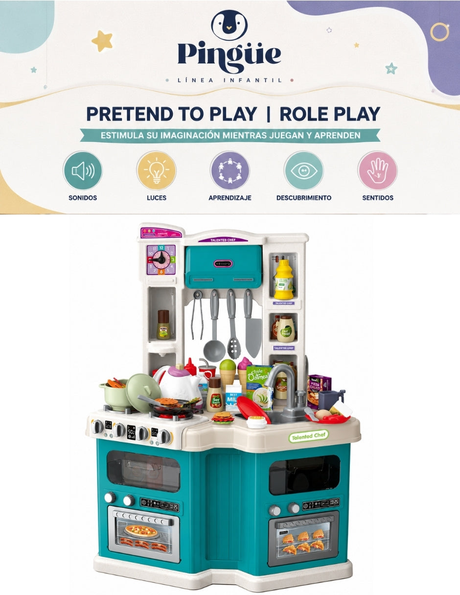 PINGÜE® Role Play Cocina Infantil Mini Chef +98 Piezas Azul Menta con Luces y Sonidos