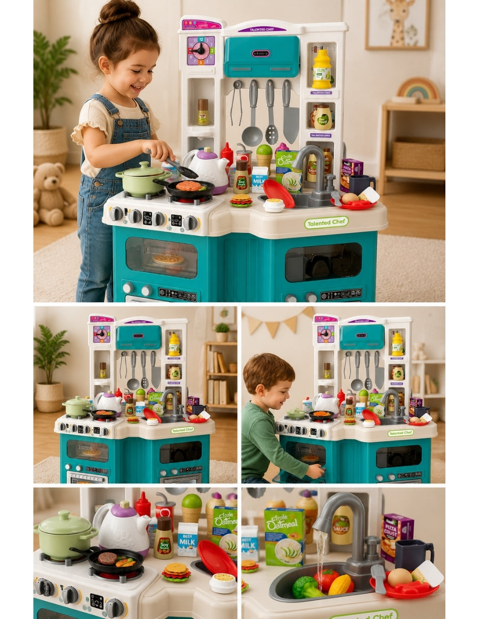 PINGÜE® Role Play Cocina Infantil Mini Chef +98 Piezas Azul Menta con Luces y Sonidos
