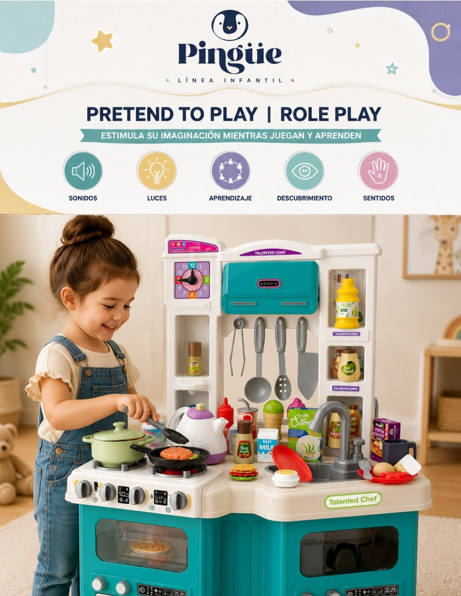 PINGÜE® Role Play Cocina Infantil Mini Chef +98 Piezas Azul Menta con Luces y Sonidos