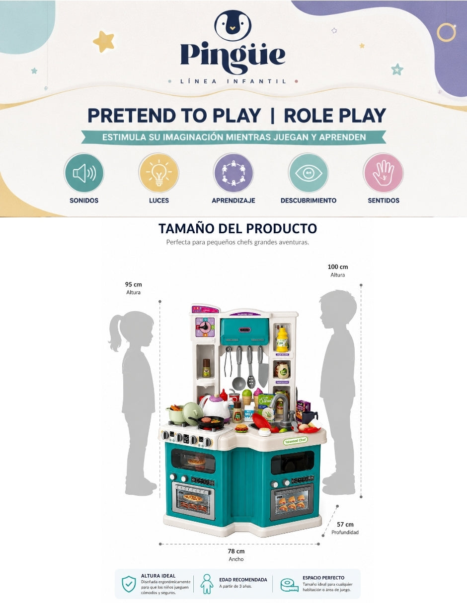 PINGÜE® Role Play Cocina Infantil Mini Chef +98 Piezas Azul Menta con Luces y Sonidos