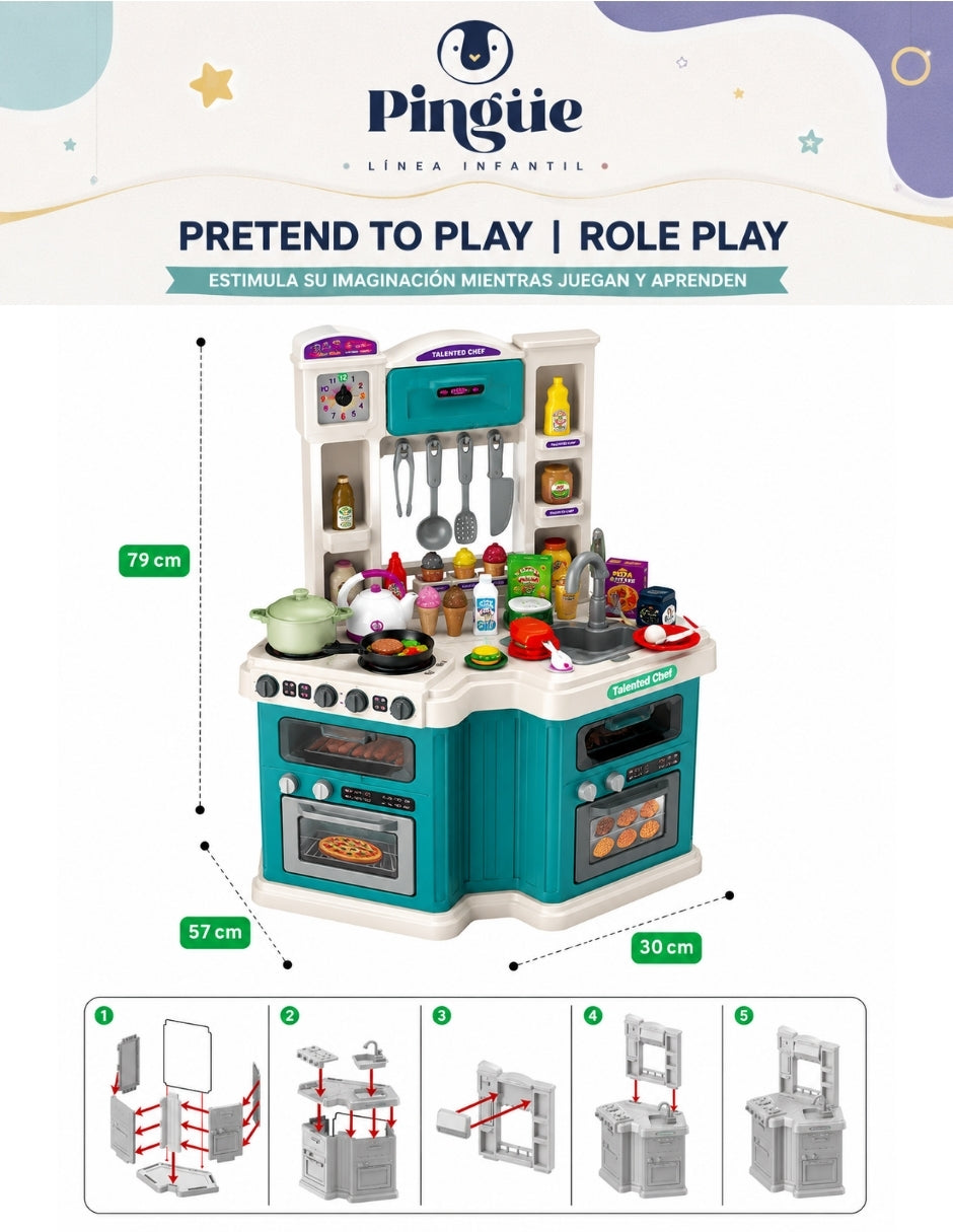 PINGÜE® Role Play Cocina Infantil Mini Chef +98 Piezas Azul Menta con Luces y Sonidos