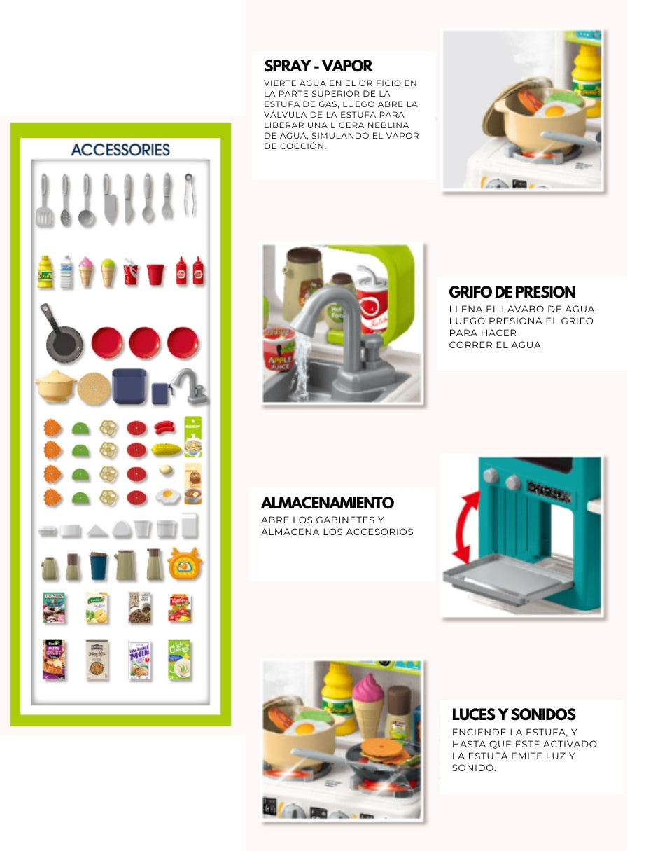 PINGÜE® Role Play | Set a Escala Cocina de Juguete, 93 Piezas con Luces y Sonido, Funciones Reales: Vapor y Grifo Funcional, Tamaño 43x24x79 cm, Edad 3+. Juguetes Niñas