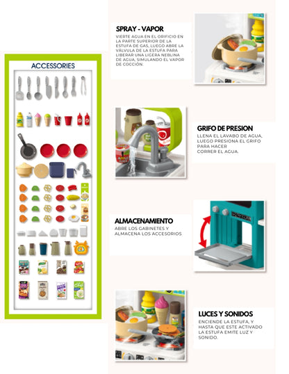 PINGÜE® Role Play | Set a Escala Cocina de Juguete, 93 Piezas con Luces y Sonido, Funciones Reales: Vapor y Grifo Funcional, Tamaño 43x24x79 cm, Edad 3+. Juguetes Niñas