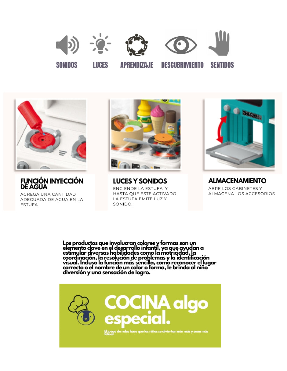 PINGÜE® Role Play | Set a Escala Cocina de Juguete, 93 Piezas con Luces y Sonido, Funciones Reales: Vapor y Grifo Funcional, Tamaño 43x24x79 cm, Edad 3+. Juguetes Niñas