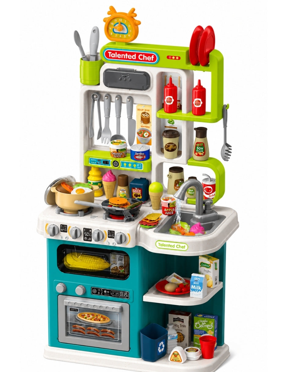 PINGÜE® Role Play Cocina Infantil Mini Chef +93 Piezas Azul Menta con Luces y Sonidos
