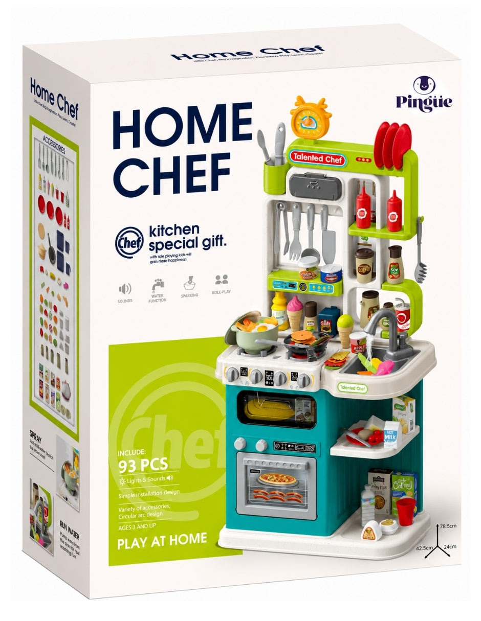 PINGÜE® Role Play Cocina Infantil Mini Chef +93 Piezas Azul Menta con Luces y Sonidos