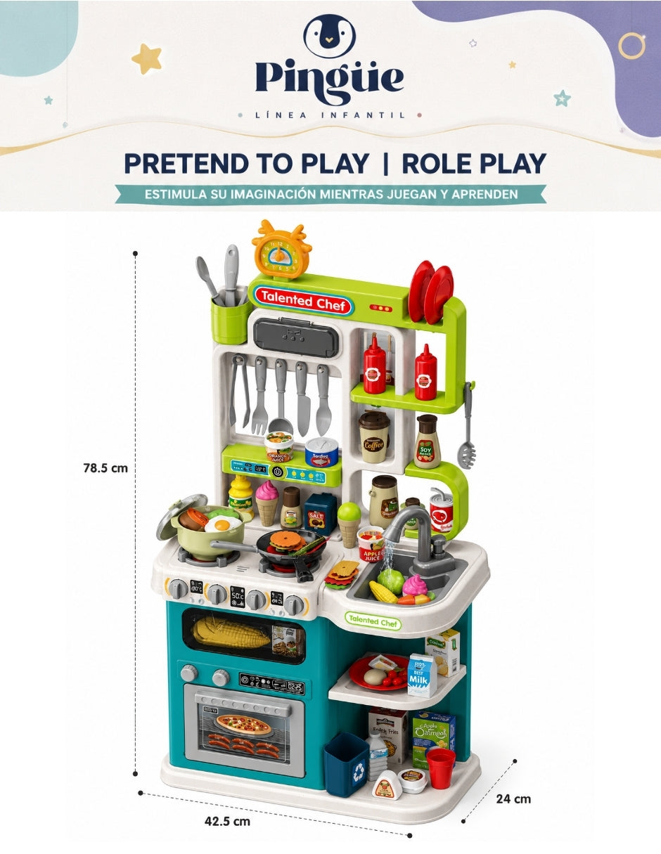 PINGÜE® Role Play Cocina Infantil Mini Chef +93 Piezas Azul Menta con Luces y Sonidos