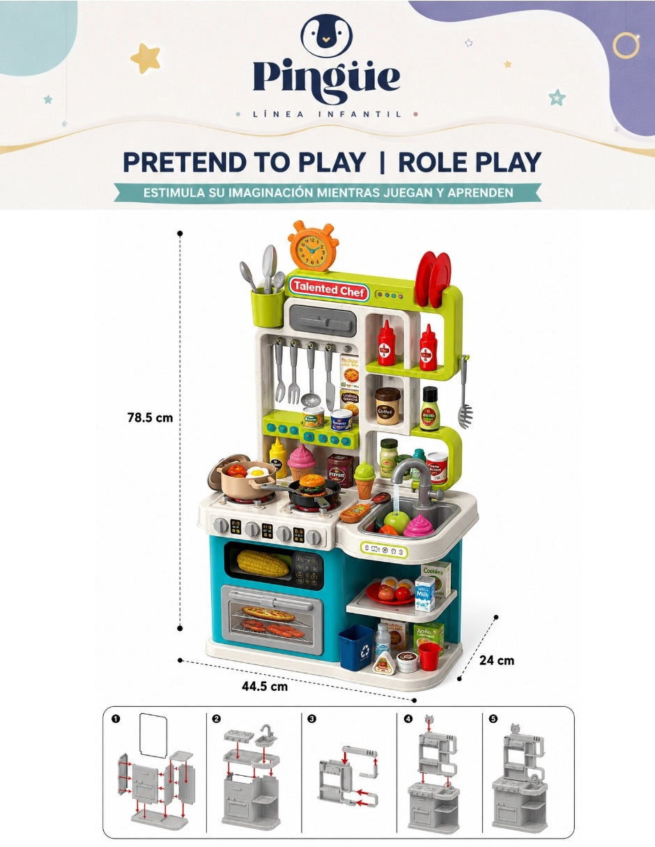 PINGÜE® Role Play Cocina Infantil Mini Chef +93 Piezas Azul Menta con Luces y Sonidos