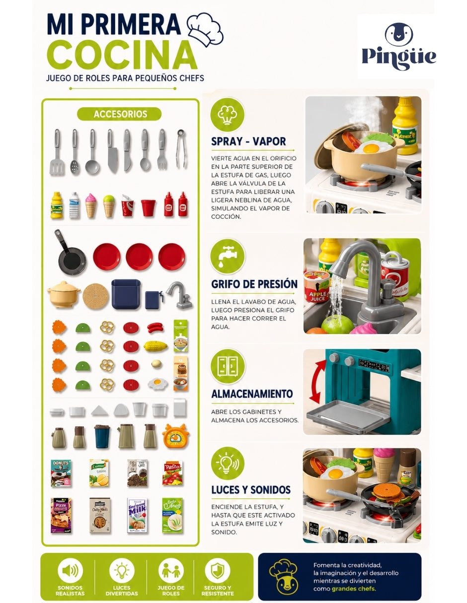 PINGÜE® Role Play Cocina Infantil Mini Chef +93 Piezas Azul Menta con Luces y Sonidos