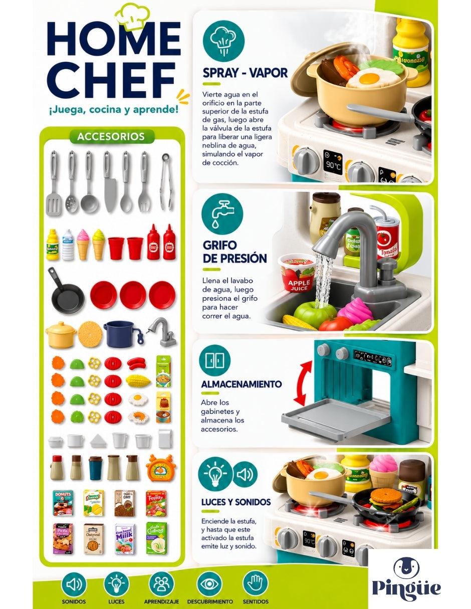 PINGÜE® Role Play Cocina Infantil Mini Chef +93 Piezas Azul Menta con Luces y Sonidos