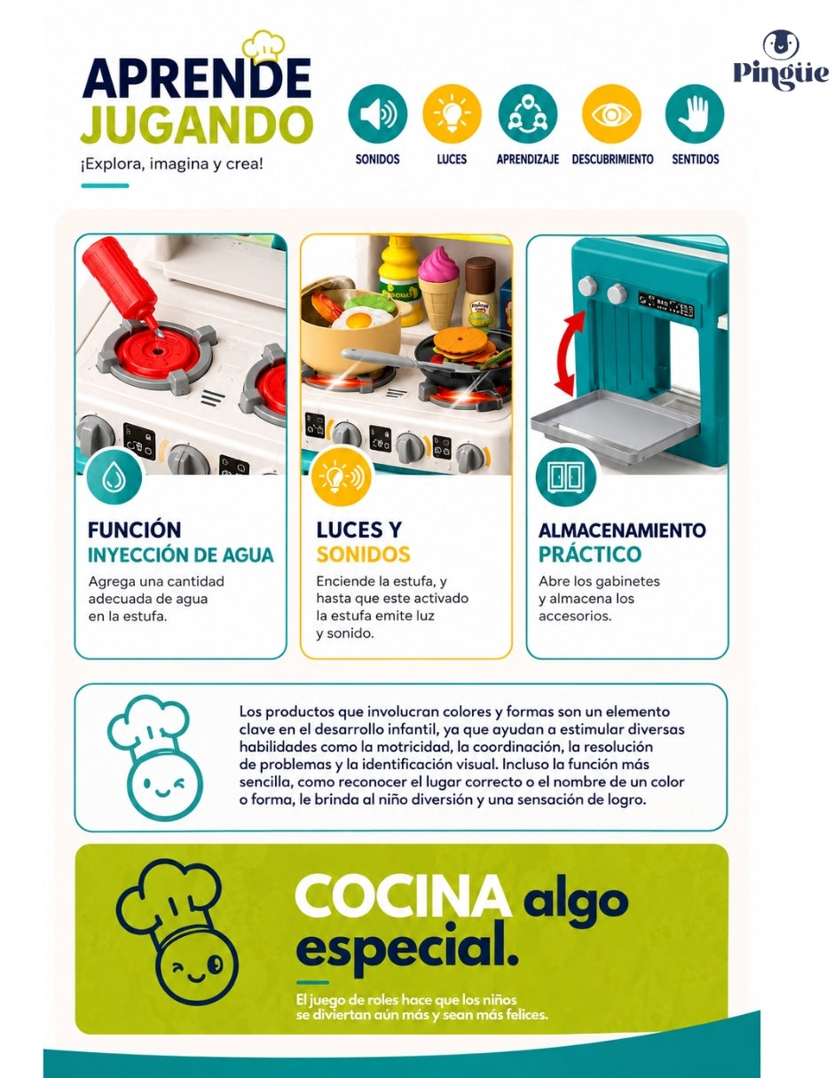 PINGÜE® Role Play Cocina Infantil Mini Chef +93 Piezas Azul Menta con Luces y Sonidos