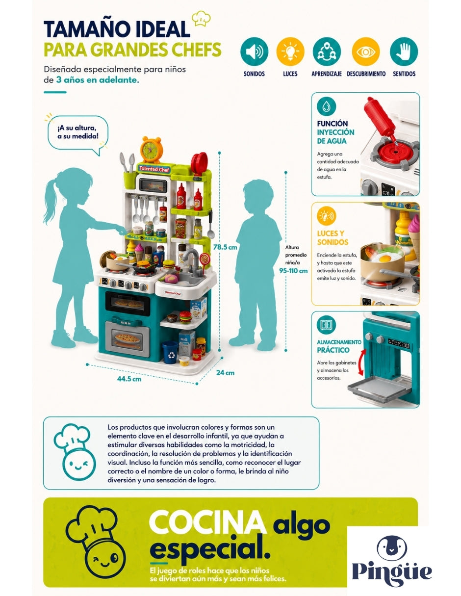 PINGÜE® Role Play Cocina Infantil Mini Chef +93 Piezas Azul Menta con Luces y Sonidos
