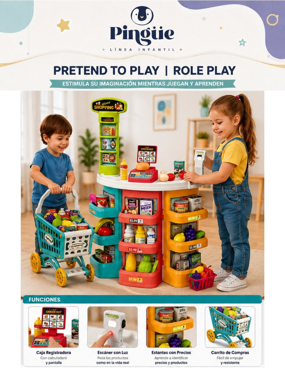 PINGÜE® Role Play Supermercado con Carrito 72 Piezas, Luces y Sonidos
