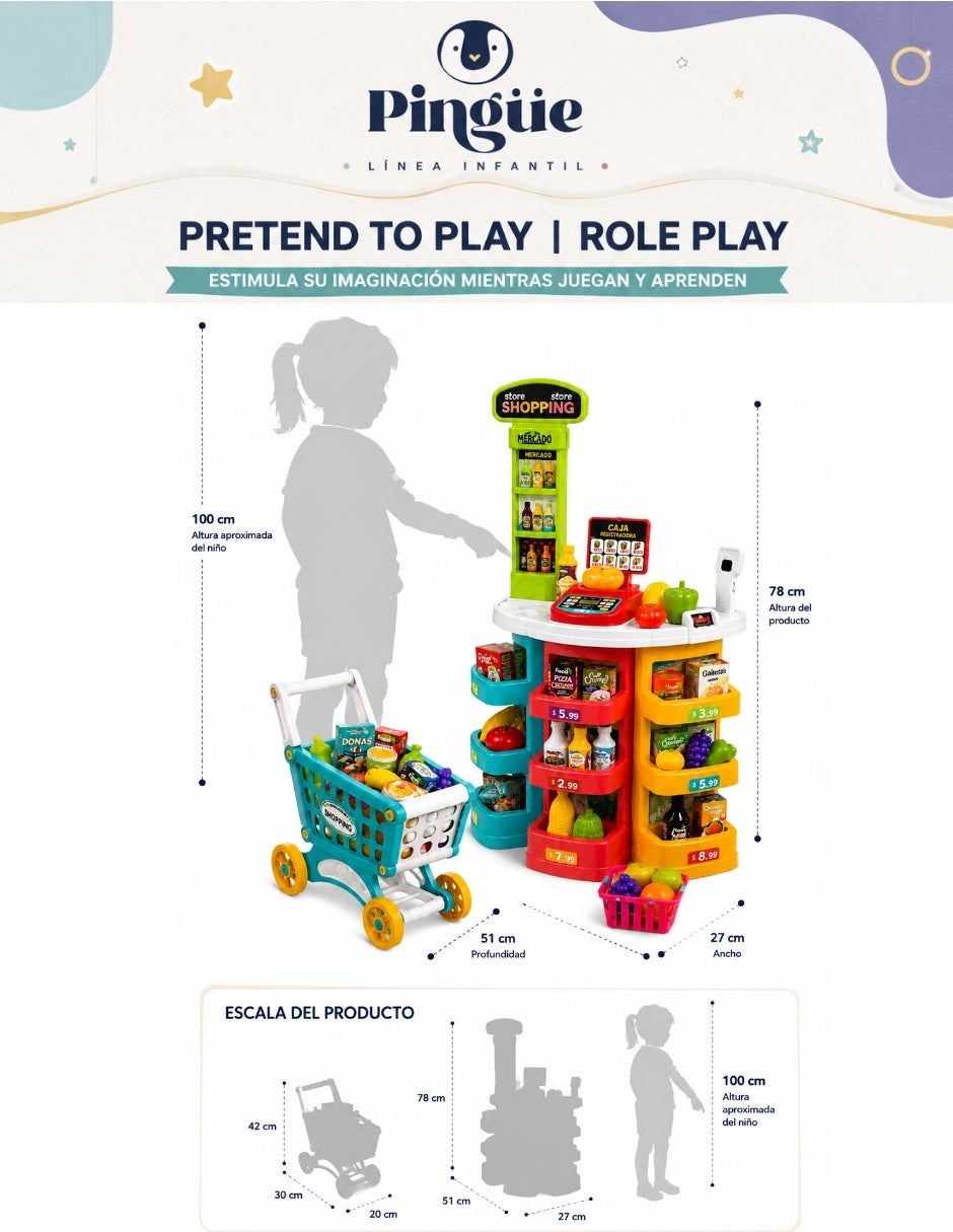 PINGÜE® Role Play Supermercado con Carrito 72 Piezas, Luces y Sonidos