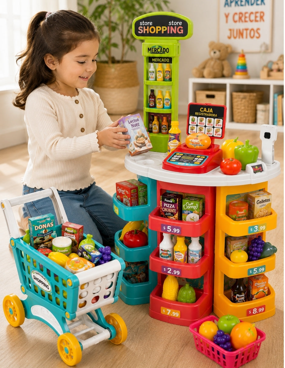 PINGÜE® Role Play Supermercado con Carrito 72 Piezas, Luces y Sonidos