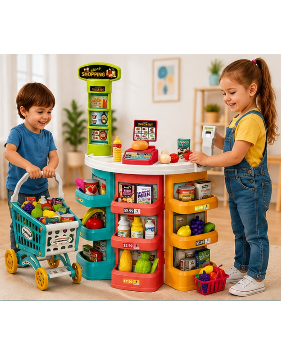 PINGÜE® Role Play Supermercado con Carrito 72 Piezas, Luces y Sonidos