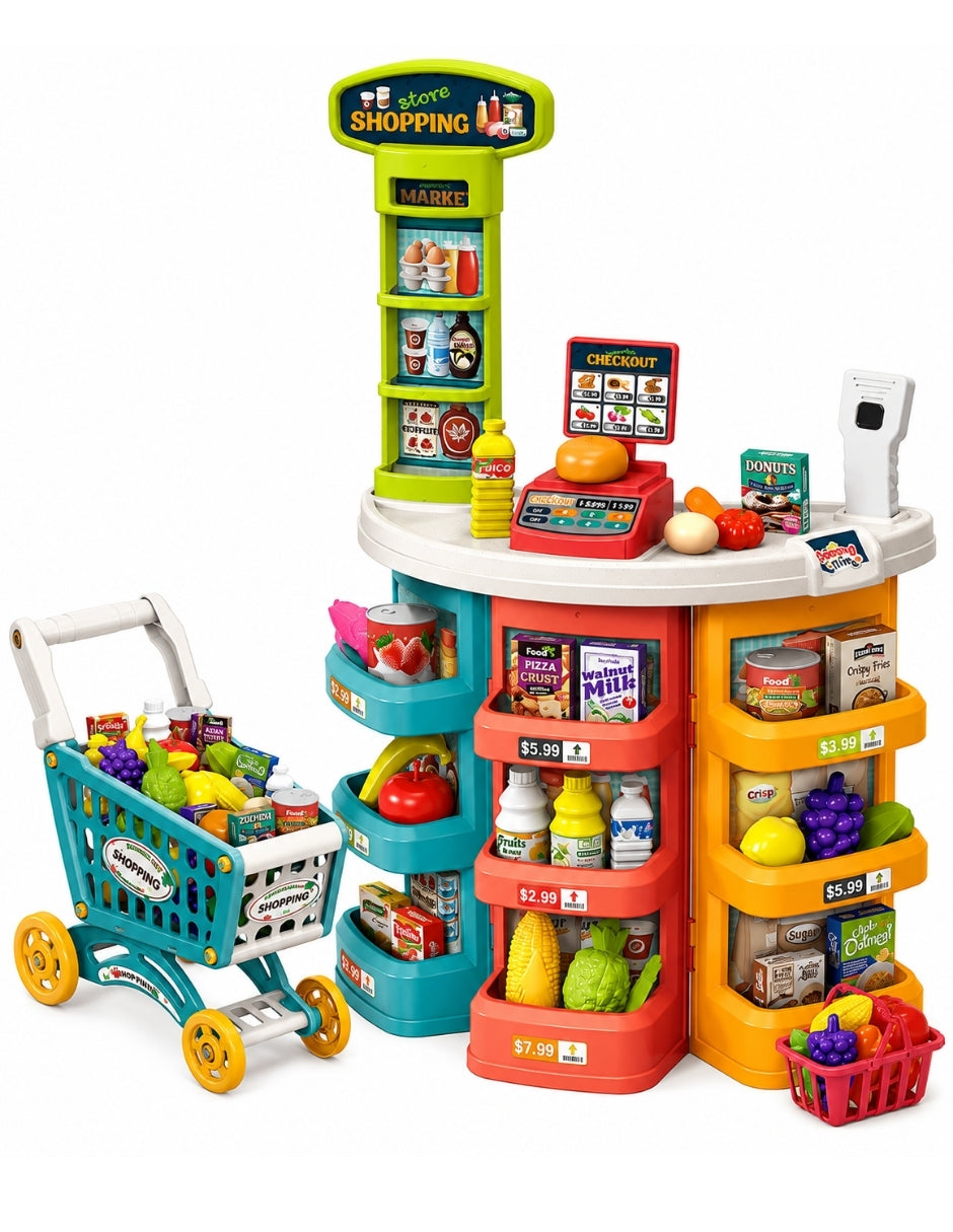 PINGÜE® Role Play Supermercado con Carrito 72 Piezas, Luces y Sonidos