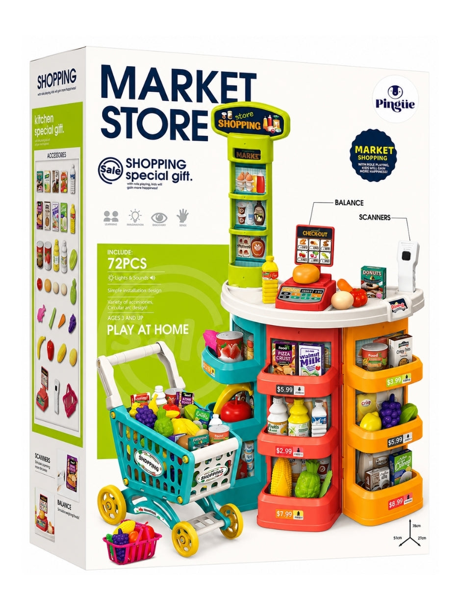 PINGÜE® Role Play Supermercado con Carrito 72 Piezas, Luces y Sonidos