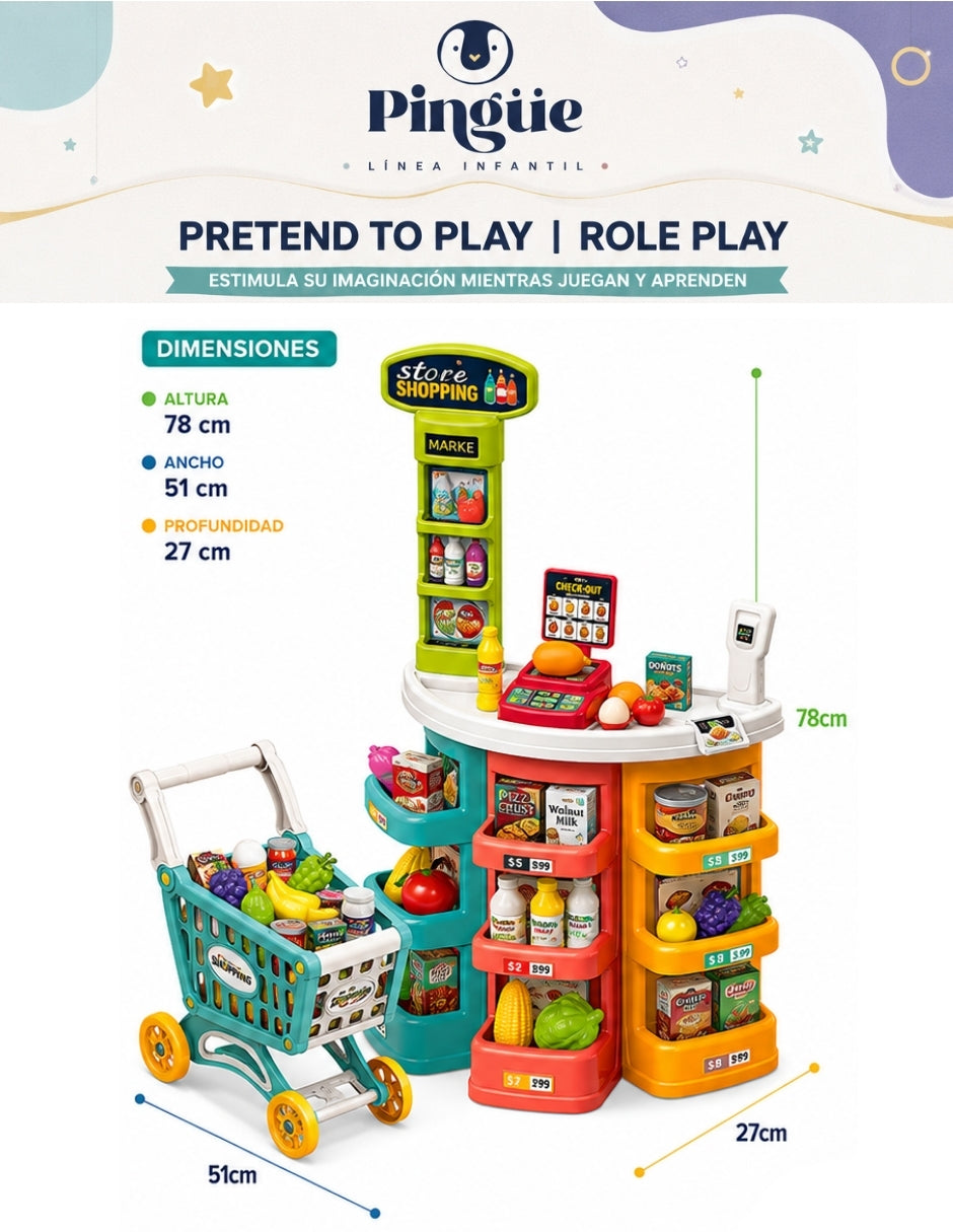 PINGÜE® Role Play Supermercado con Carrito 72 Piezas, Luces y Sonidos