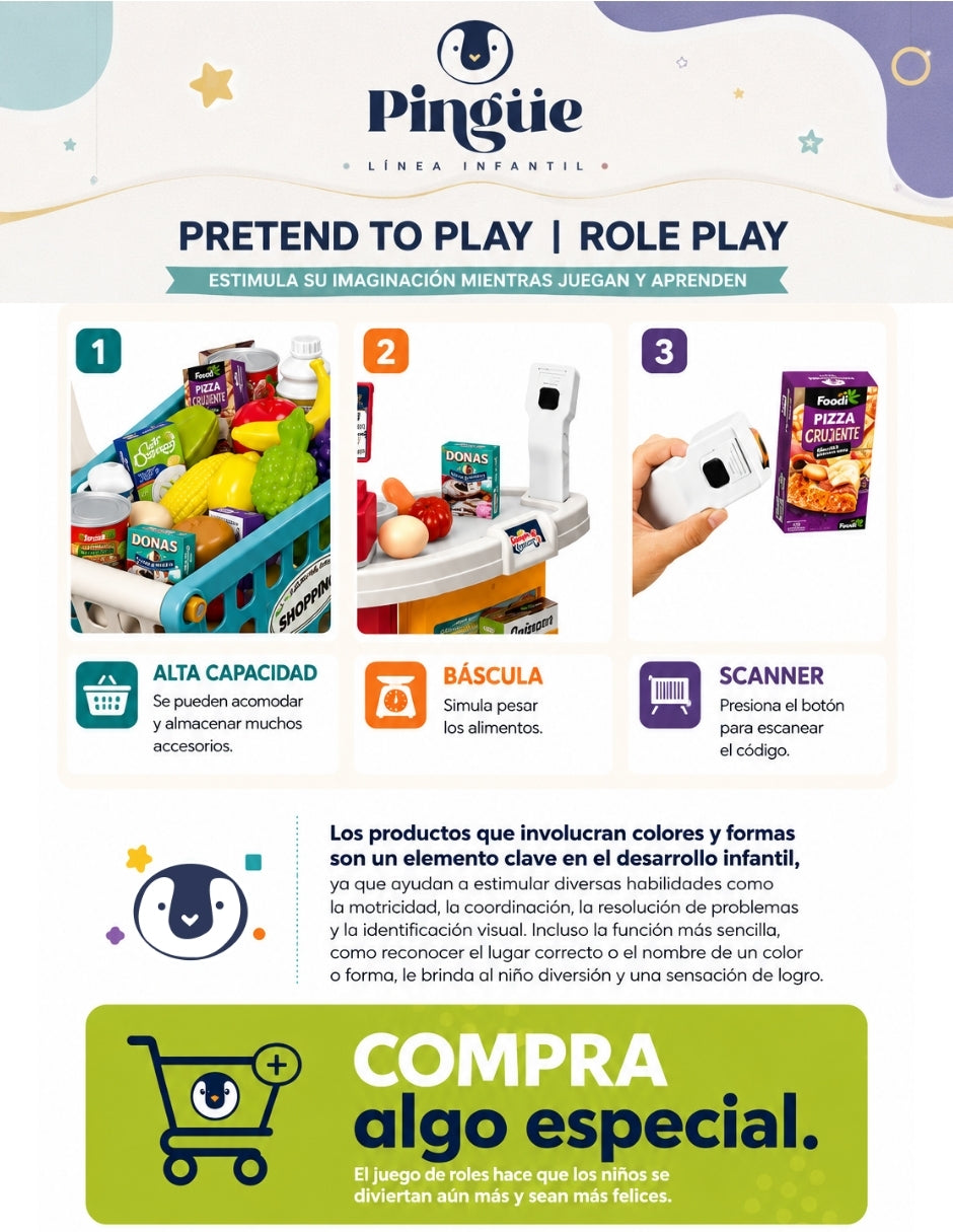 PINGÜE® Role Play Supermercado con Carrito 72 Piezas, Luces y Sonidos