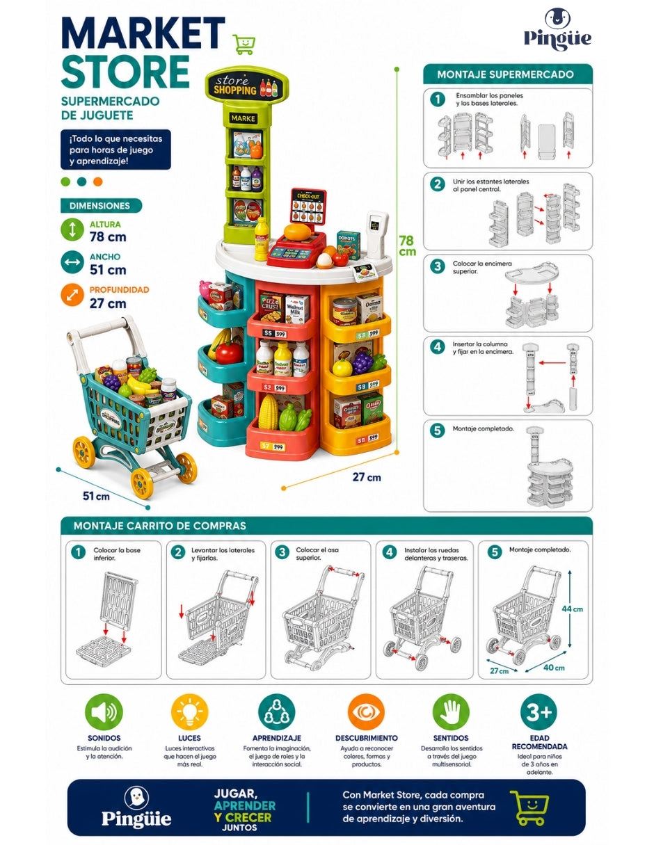 PINGÜE® Role Play Supermercado con Carrito 72 Piezas, Luces y Sonidos