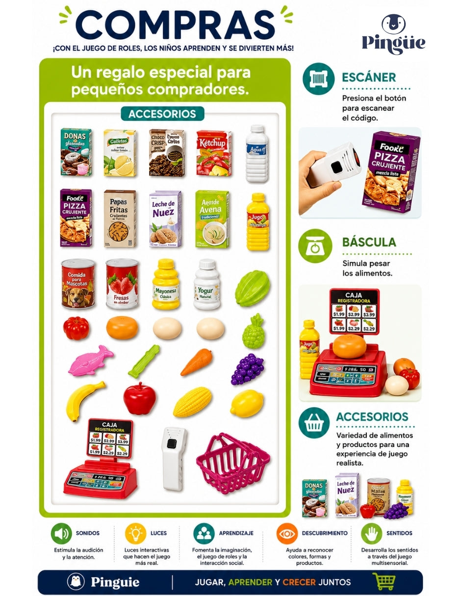 PINGÜE® Role Play Supermercado con Carrito 72 Piezas, Luces y Sonidos